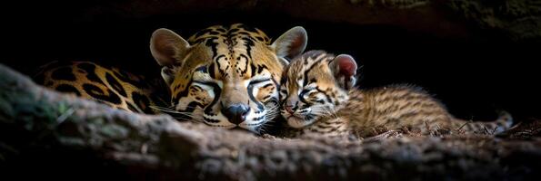 ai gegenereerd mannetje ocelot met katje, leeg ruimte Aan links voor tekst, voorwerp Aan Rechtsaf kant in portret samenstelling foto