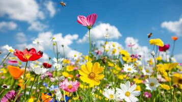 ai gegenereerd levendig bloem velden met zonnebloemen, klaprozen, madeliefjes, bijen, en vlinders in een kleurrijk tafereel. foto