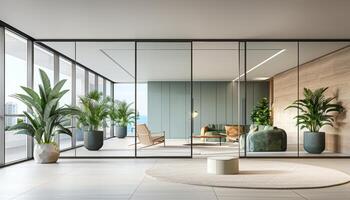 ai gegenereerd strak modern kantoor interieur met een glas partitie muur en elegant wit vloeren ontwerp foto