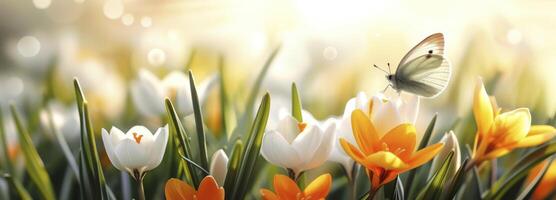 ai gegenereerd vlinder in een natuur voorjaar bloem achtergrond. foto