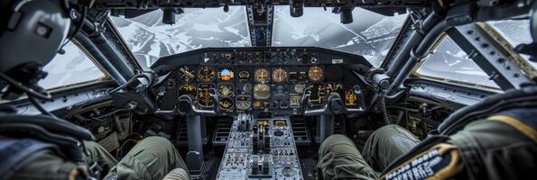 ai gegenereerd in de stuurhut, foto van een vechter piloot gevangen genomen in de intens milieu van een vechter of Jet cabine, klaar voor actie.