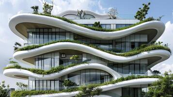 ai gegenereerd modern bouwkundig wonder, gebouw met weelderig groen balkons naadloos geïntegreerde in stedelijk milieu foto