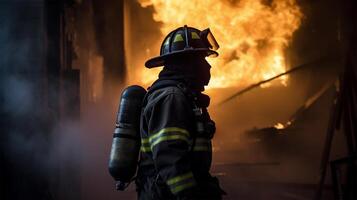 ai gegenereerd een brandweerman moedig bestrijden intens vlammen, een dynamisch en krachtig beeld van heldendom en plicht. foto