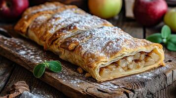 ai gegenereerd een vers gebakken appel strudel afgestoft met gepoederd suiker Aan een houten bord, omringd door geheel appels. rijk, vlokkig gebakje onthult een zoet appel vulling foto