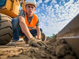 ai gegenereerd jong constructie arbeider werken Aan weg en kijken terug foto