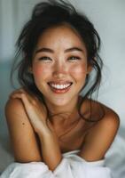 ai gegenereerd Aziatisch model- perfect huid testen schoonheidsmiddelen foto