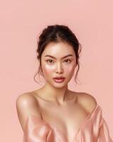 ai gegenereerd foto van een Aziatisch vrouw model- Aan roze achtergrond