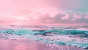 ai gegenereerd roze strand roze lucht roze zee foto