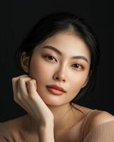 ai gegenereerd foto van een Aziatisch vrouw model- Aan donker achtergrond