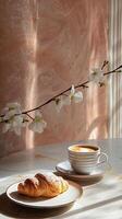 ai gegenereerd kop van koffie en bloemen tafel foto