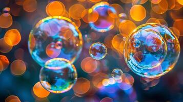 ai gegenereerd levendig regenboog reflectie in zeep bubbel achtergrond creëren boeiend en kleurrijk visuals foto
