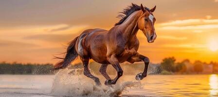 ai gegenereerd een majestueus paard galopperen langs de strand Bij zonsondergang met uitgebreid kopiëren ruimte voor tekst foto