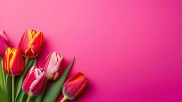 ai gegenereerd kleurrijk tulpen Aan roze achtergrond. top visie met kopiëren ruimte foto