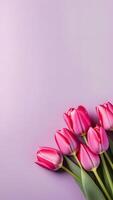 ai gegenereerd tulp bloemen Aan pastel lavendel achtergrond, ruimte voor tekst, verhaal formaat foto