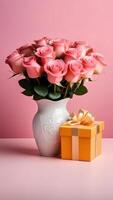 ai gegenereerd mooi boeket bloemen roze rozen in vaas en geschenk doos foto
