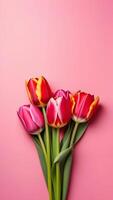ai gegenereerd tulpen, feestelijk achtergrond, roze voorjaar achtergrond, voor instagram, verhaal foto