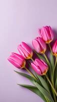 ai gegenereerd roze tulpen Aan zacht Purper achtergrond, verticaal formaat foto