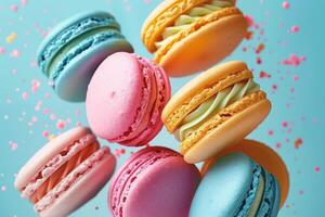 ai gegenereerd levendig rangschikking van macarons geschorst in in de lucht tegen een koel blauw achtergrond. generatief ai foto