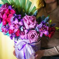 vrouw Holding boeket van Purper bloemen foto