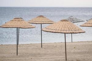 ligbedden, paraplu's en hangmatten in een strand foto