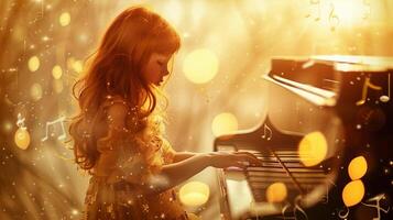 ai gegenereerd dromerig sfeer, grillig en dromerig atmosfeer door fotograferen de schattig roodharig meisje spelen de piano omringd door drijvend musical notities, achtergrond afbeelding, generatief ai foto