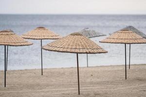 ligbedden, paraplu's en hangmatten in een strand foto