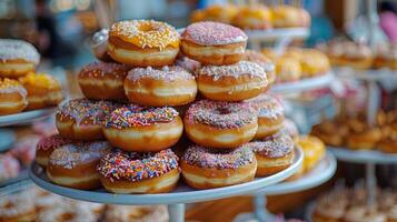 ai gegenereerd stack van donuts met hagelslag foto