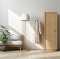 ai gegenereerd een houten garderobe en een lamp in de wit foto