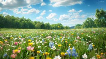 ai gegenereerd lente bloem weide, bloeiend veld- achtergrond foto