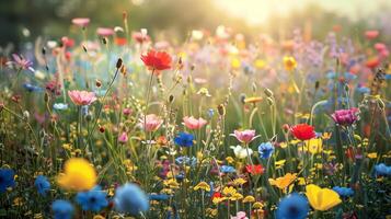 ai gegenereerd lente bloem weide, bloeiend veld- achtergrond foto