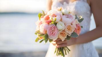 ai gegenereerd een bruid Holding een boeket van roze en wit bloemen foto