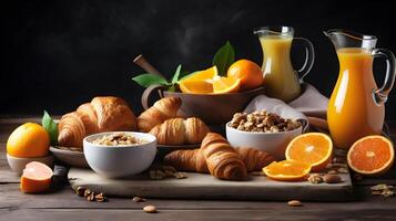 ai gegenereerd ontbijt met oranje sap en croissants Aan houten tafel foto