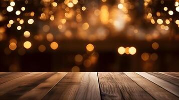 ai gegenereerd houten tafel met bokeh lichten in de achtergrond foto