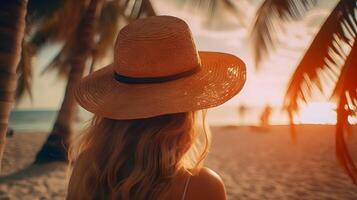 ai gegenereerd een vrouw in een rietje hoed Aan de strand foto