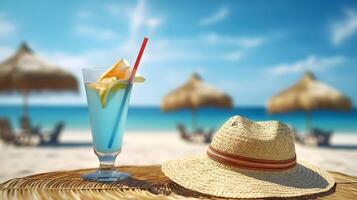 ai gegenereerd een drinken en rietje hoed Aan een tafel in de buurt de strand foto