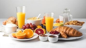 ai gegenereerd ontbijt met oranje sap, croissants, fruit en brood foto