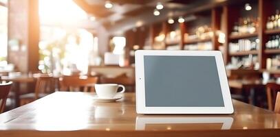 ai gegenereerd tablet pc met blanco scherm Aan een houten tafel in een cafe foto