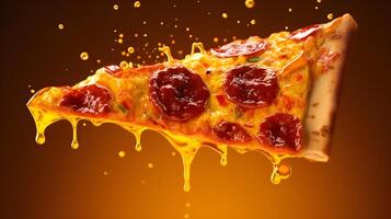 ai gegenereerd een plak van pizza met peperoni en saus druipend foto