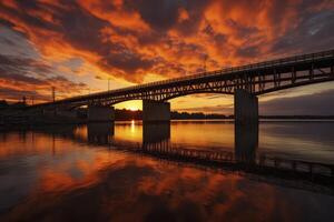 ai gegenereerd zonsondergang brug over- water, een rustig tafereel van natuur en architectuur foto