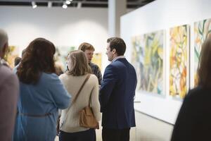 ai gegenereerd groep van mensen bewonderend schilderijen in kunst galerij foto