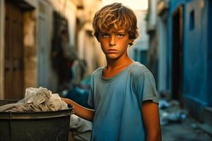 ai gegenereerd een jong jongen in gewoontjes kleding staand De volgende naar een metaal uitschot kan in een stedelijk instelling. de omgeving stel voor een stad milieu met beton stoep. foto