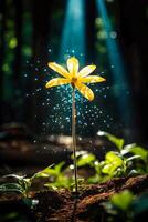 ai gegenereerd een levendig geel zonnebloem met water druppels Aan haar bloemblaadjes, glinsterend in de zonlicht foto