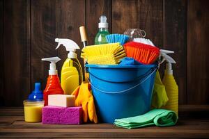 ai gegenereerd emmer vol van schoonmaak benodigdheden Aan houten tafel foto