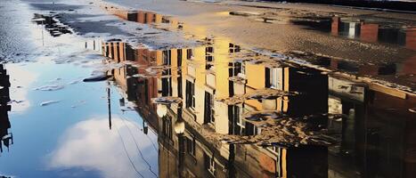 ai gegenereerd reflectie van een gebouw in een plas van water foto