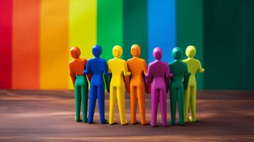 ai gegenereerd groep van mensen staand in voorkant van regenboog gekleurde muur foto