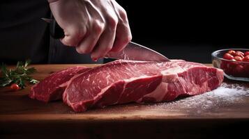 ai gegenereerd persoon snijdend vlees Aan snijdend bord met mes voor maaltijd voorbereiding foto