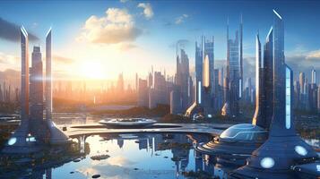 ai gegenereerd een futuristische stad omringd door hoog gebouwen foto