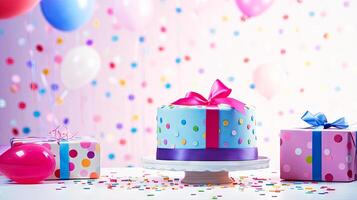 ai gegenereerd verjaardag taart met twee kaarsen en confetti foto