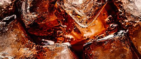 cola met ijs. dichtbij omhoog van de ijs kubussen in cola water. structuur van carbonaat drinken met bubbels in glas. cola Frisdrank en ijs spatten bruisen of drijvend omhoog naar top van oppervlak. verkoudheid drinken achtergrond. foto