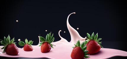 aardbei melk spatten met aardbei geïsoleerd Aan zwart achtergrond. aardbei vallend in roze melk of yoghurt romig vloeistof drinken plons. melkachtig plons met aardbeien tegen zwart. dichtbij omhoog foto